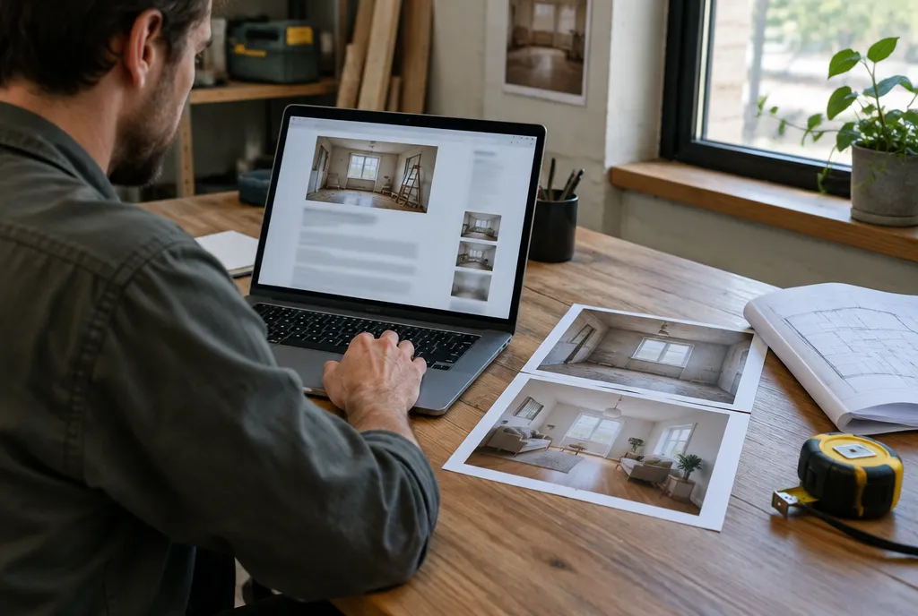 Handwerker schreibt am Laptop einen Projektbericht, auf dem Tisch liegen ausgedruckte Vorher-Nachher-Fotos eines renovierten Raums, ein Plan und ein Maßband