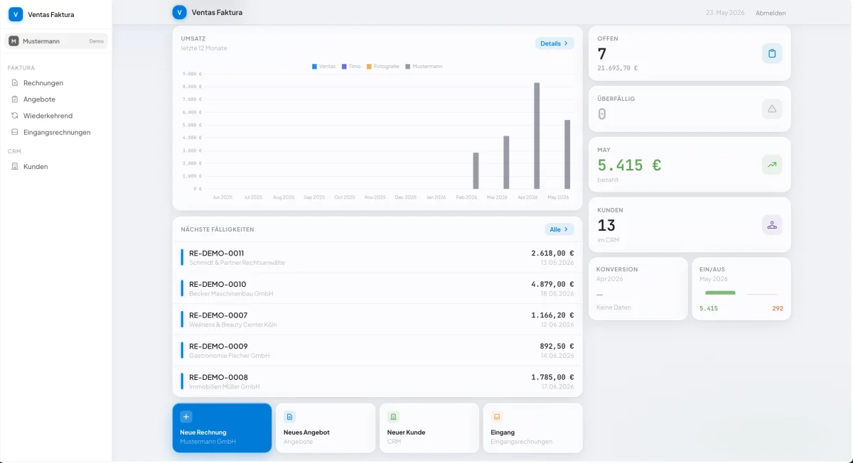 CRM & Faktura Dashboard — Rechnungen, Angebote, Bankabgleich