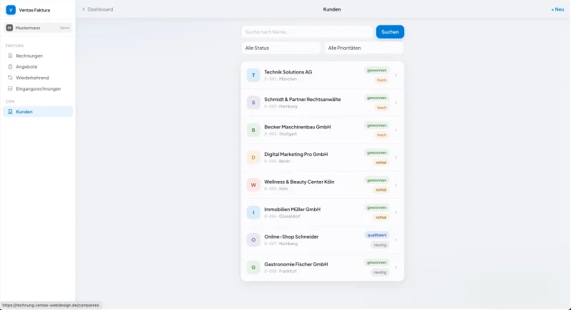 CRM Kundenverwaltung: Unternehmen, Status, Pipeline