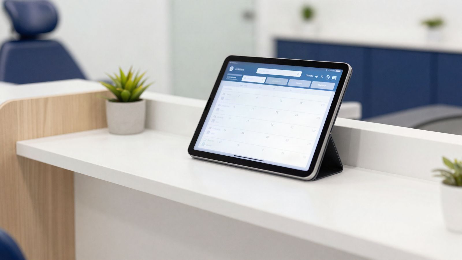 Empfangstresen einer Zahnarztpraxis mit Tablet für die Online-Terminbuchung